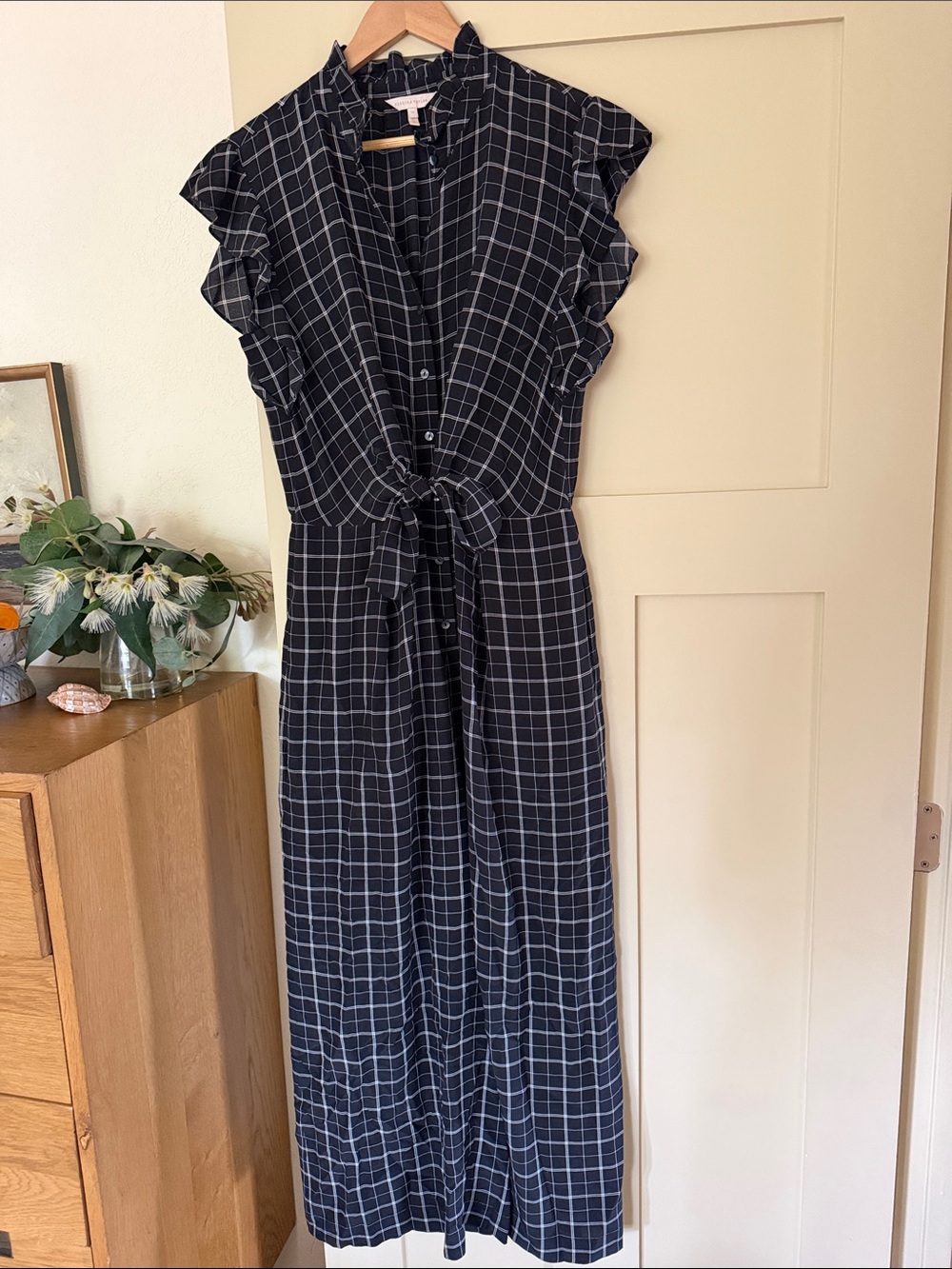Rebecca Taylor 10 100% Silk Black Windowpane Tie-Waist Long Jumpsuit